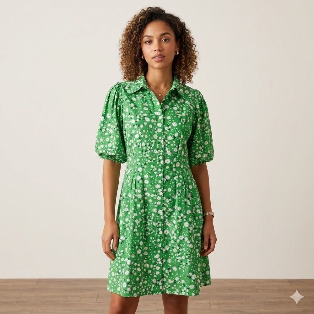 Tommy Hilfiger 100% Cotton Floral Puff Sleeve Shirt Dress Size 6 Green NWOT